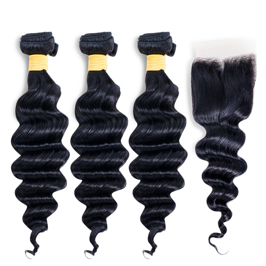 Premium Loose Deep Wave 3 Bundles With Closure